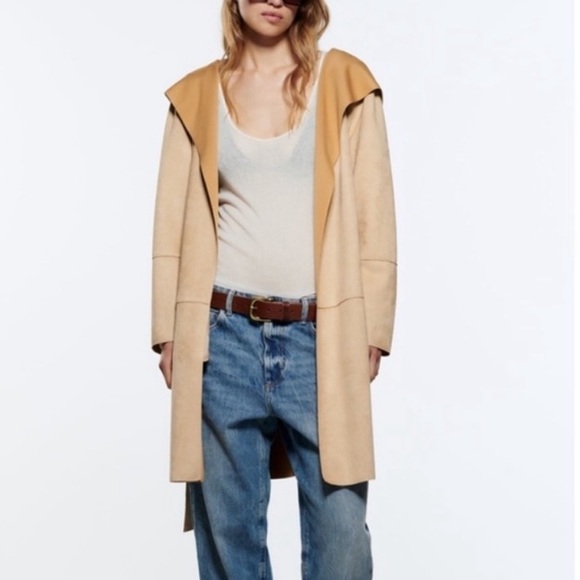 [SOLD] Zara suede hooded coat camel color - Picture 3 of 6